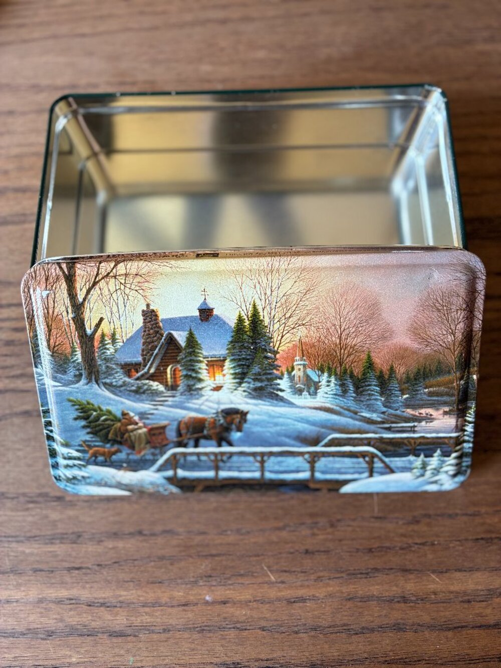 Decorative Metal Tin Box/Storage Container; Christmas/Winter Scene;